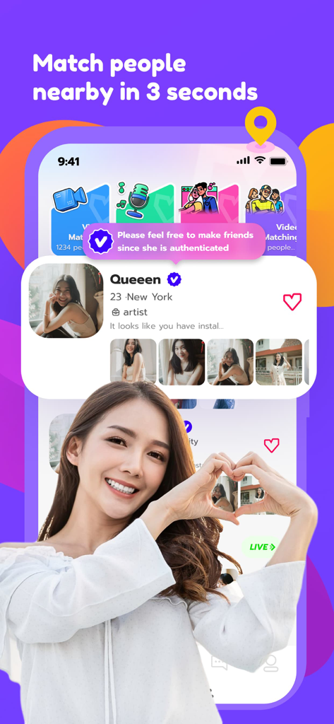 Voya social app screen displaying a verified user profile and nearby matching feature