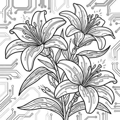 Explore the captivating fusion of nature and technology with our Cyberpunk Asiatic Lilies coloring page. This intricate design invites you to bring vibrant life to futuristic flora with your favorite colors.