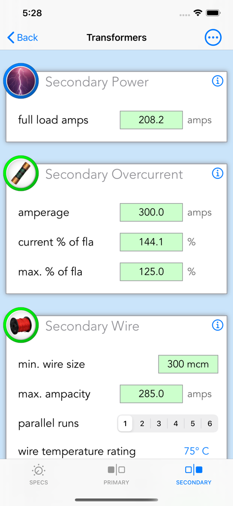 Oberfläche der E-Calc Journeyman-App zur Berechnung von Sekundärlasten und Kabelgrößen von Transformatoren.