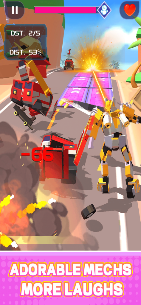 Smash Car: Robot Racing - Um robô de batalha amarelo esmagando um veículo vermelho em uma pista de corrida com efeitos de explosão em Smash Car Robot Racing.