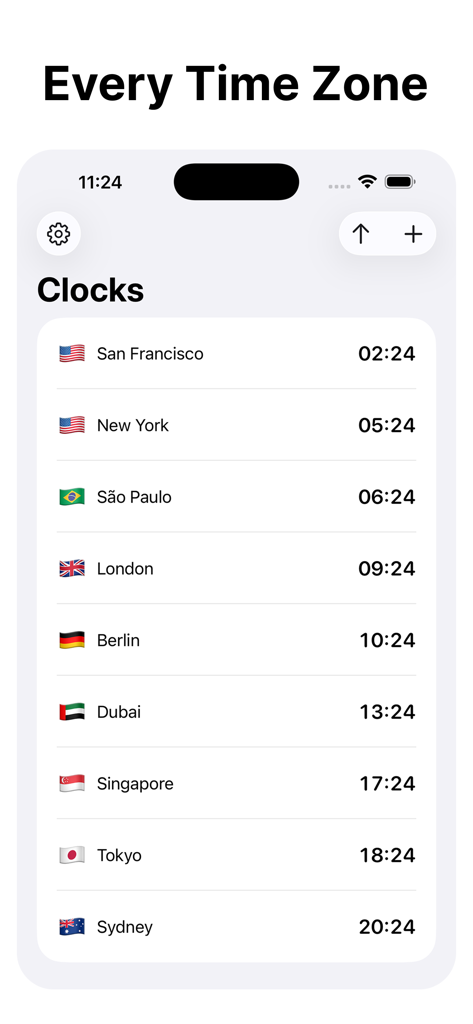 Zone: World Clock - Lista de relojes y banderas internacionales de ciudades en la aplicación Zone