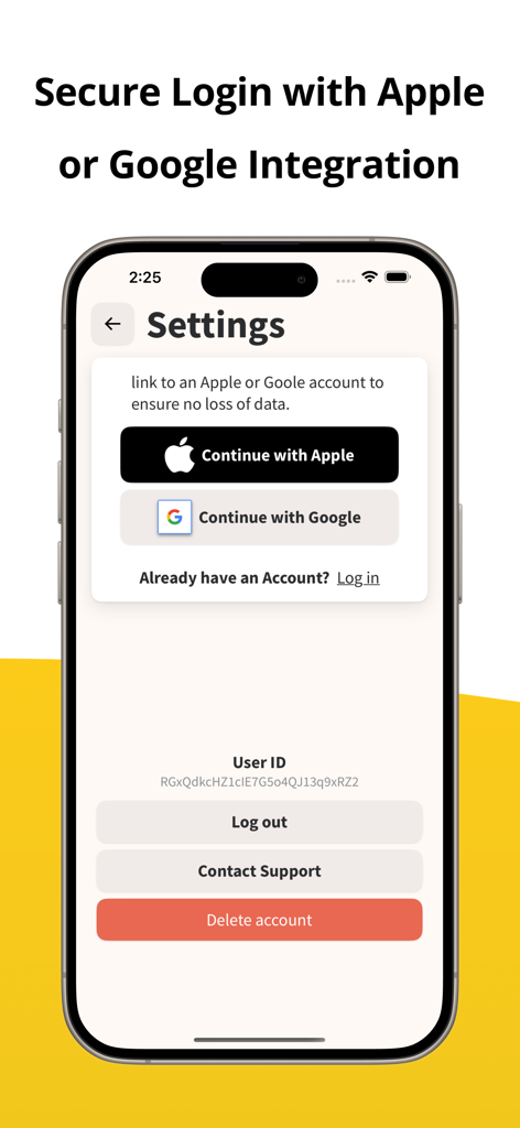 Harvest: Turn Feed into Notes - Pantalla de smartphone mostrando las configuraciones de la aplicación Harvest con opciones de inicio de sesión seguro para cuentas de Apple y Google