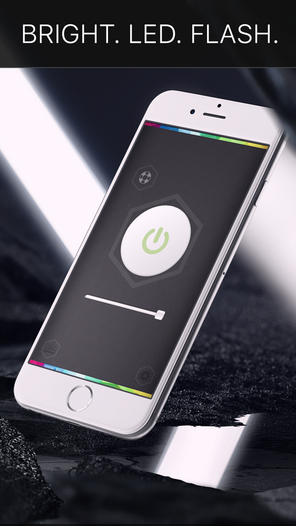 Screenshot of Free Flashlight Glow app interface on an iPhone featuring a large power button and brightness slider
