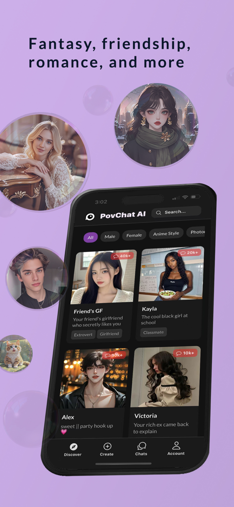 PovChat mobile app interface showing various AI characters for roleplay and fantasy stories