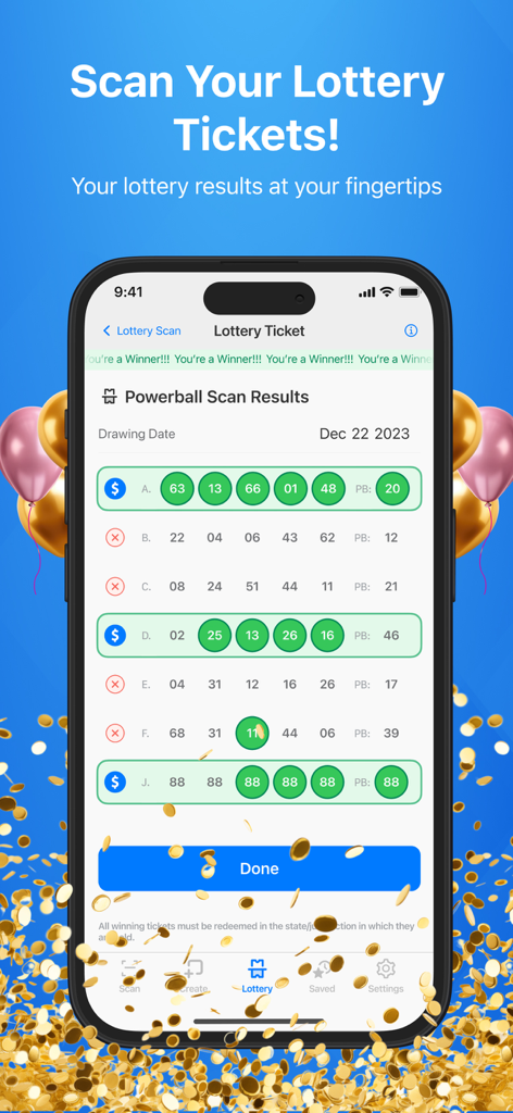 Scan QR Code. - A mobile screen showing the Scan QR Code app displaying Powerball lottery results with winning numbers highlighted in green.