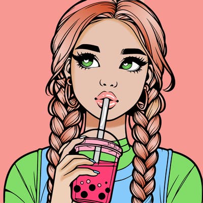 realistic girl with braided hair drinking boba