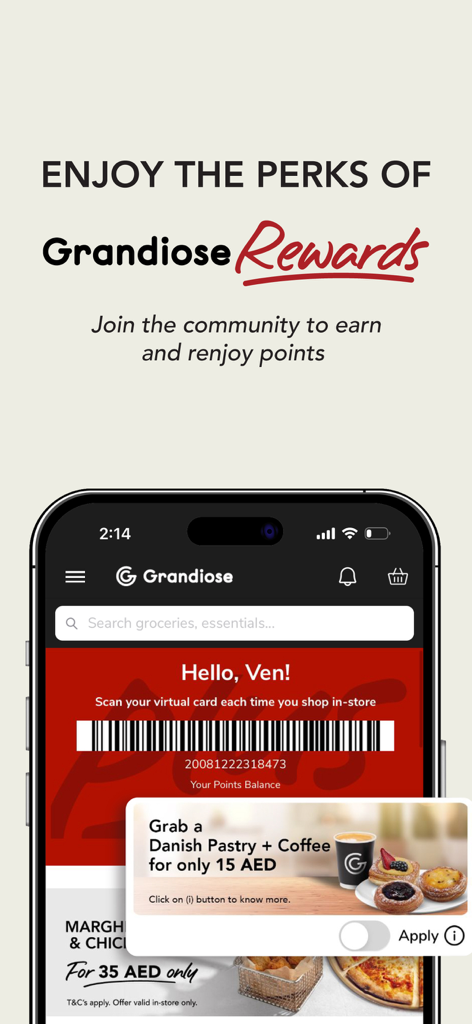 Grandiose Supermarket - Pantalla de smartphone que muestra el programa de recompensas Grandiose Supermarket con una tarjeta de fidelidad virtual y ofertas exclusivas de alimentos.