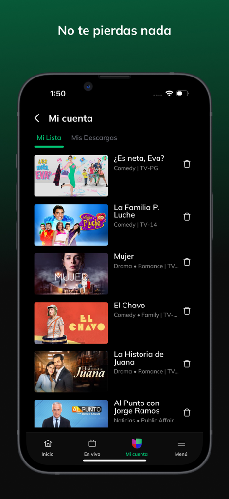 Univision Now - Univision Now app watchlist screen showing saved Spanish language shows and news programs