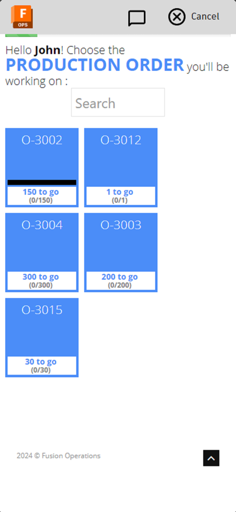 Interface for choosing a production order in the Fusion Operations app