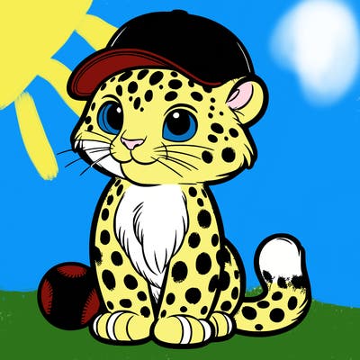 morning snow leopard with a baseball cap