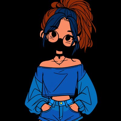 girl with a messy ponytail glasses a baggy crop top and jean shorts