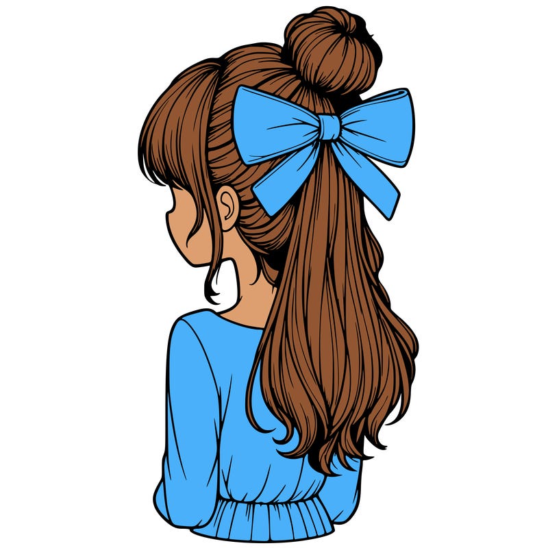 realistic girl  with hip length hair a bun and a big bow on the back of head