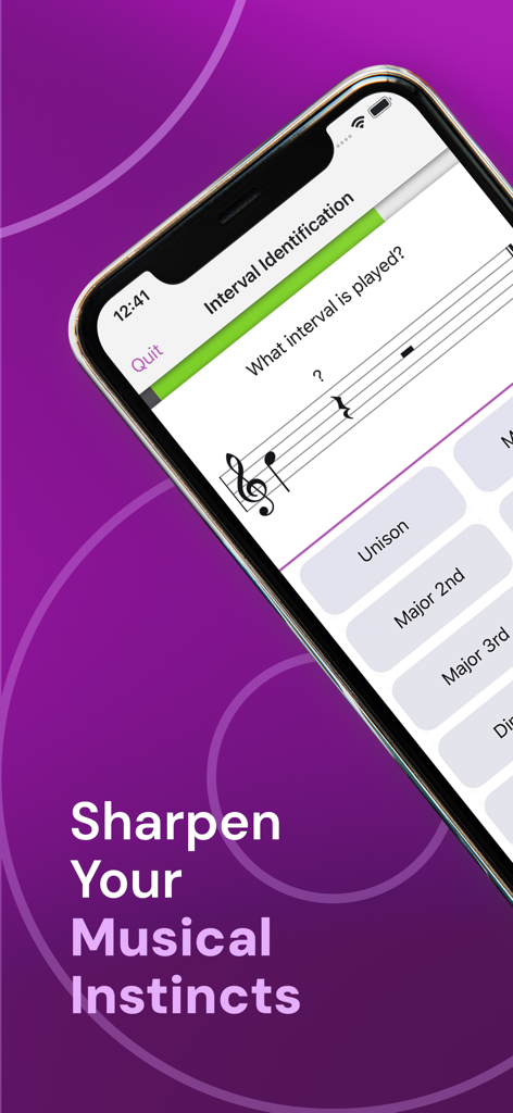 Tela de smartphone mostrando um exercício de identificação de intervalo musical no aplicativo Earpeggio