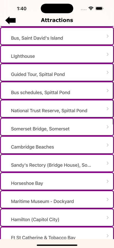 Bermuda Island Guide - Una lista de atracciones en Bermudas, incluyendo Horseshoe Bay y Hamilton, mostrada en la aplicación.