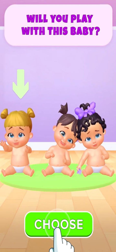 My Baby Care: Virtual Dress Up - A screen from the My Baby Care app showing three virtual babies in diapers sitting on a green rug with a prompt to choose one to play with.