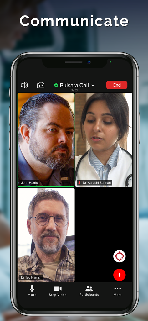 Pulsara: Medical Communication - A screenshot of the Pulsara app showing a multi-person video call between healthcare professionals and first responders.