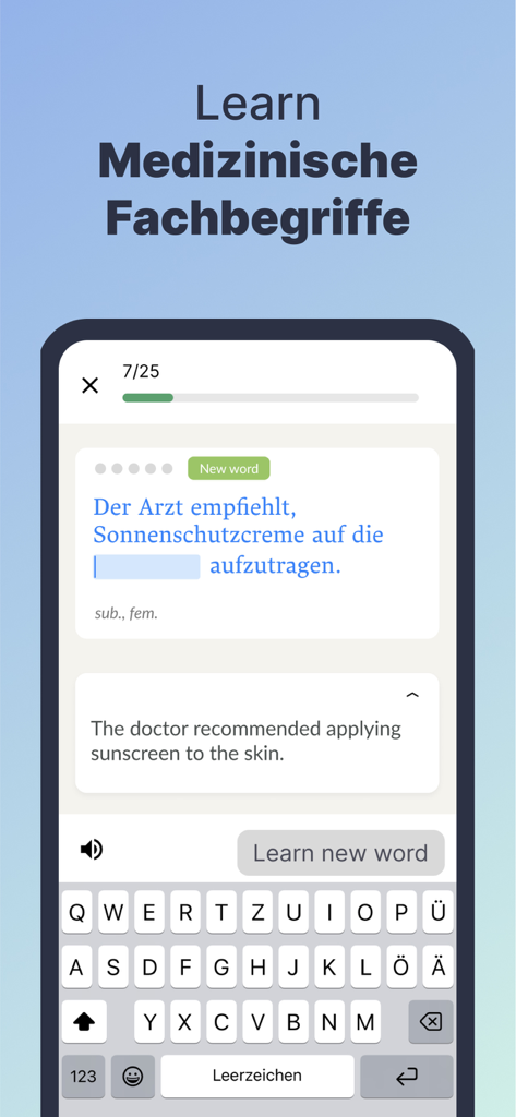 Medical German Language - A mobile app screen showing a German medical sentence completion exercise with its English translation.