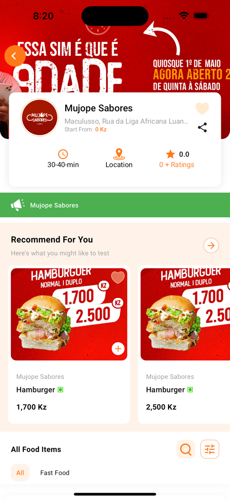 Koxito - Koxito app interface showing the Mujope Sabores restaurant menu with hamburger recommendations and prices in Luanda