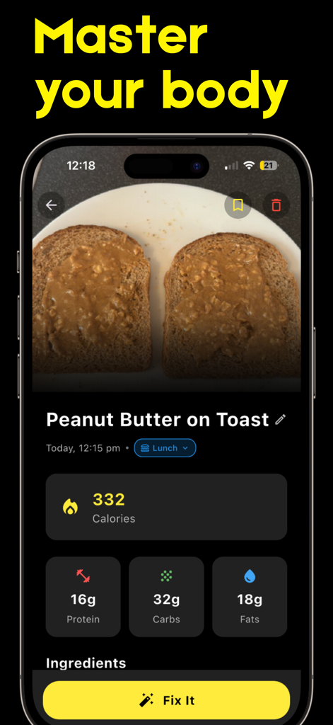 Interface of Cal Plus app showing nutritional breakdown and calorie count for a meal identified by AI.