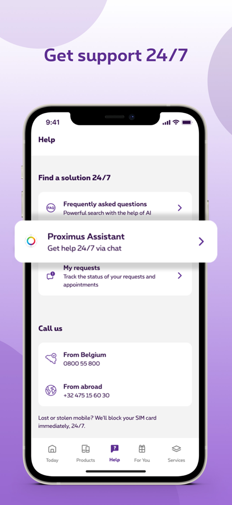 Proximus plus app help screen showing 24/7 support options including AI assistant and contact numbers