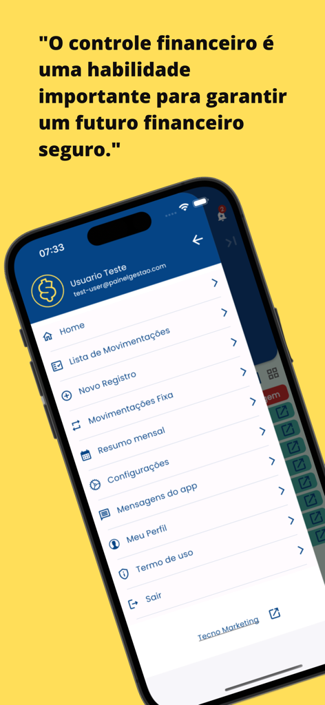 Navigationsmenü der Finanzkontrolle-Mobil-App mit Optionen wie Transaktionsliste, neue Einträge und Monatszusammenfassungen.