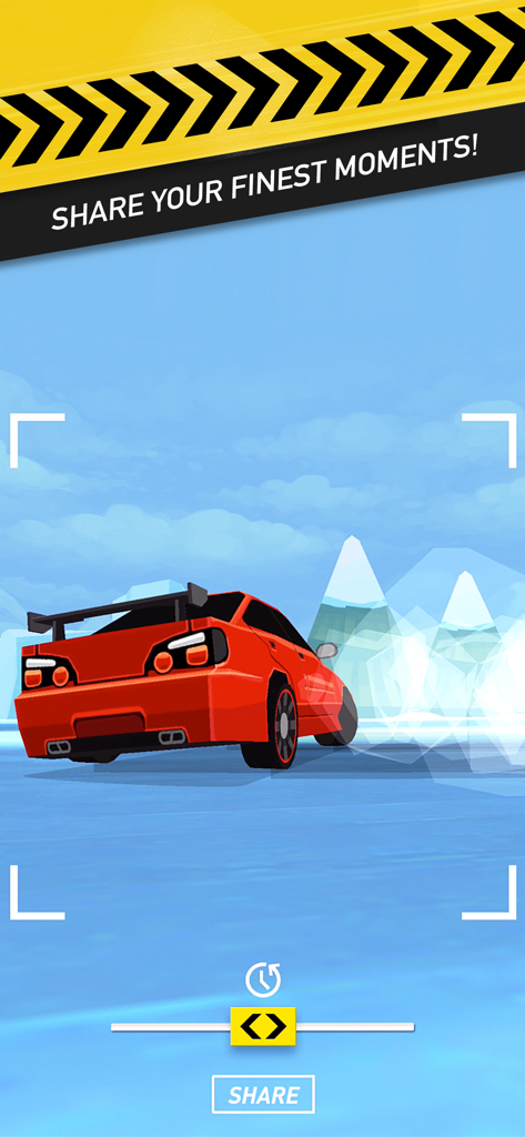 A red low poly car drifting on a track with a share your finest moments prompt