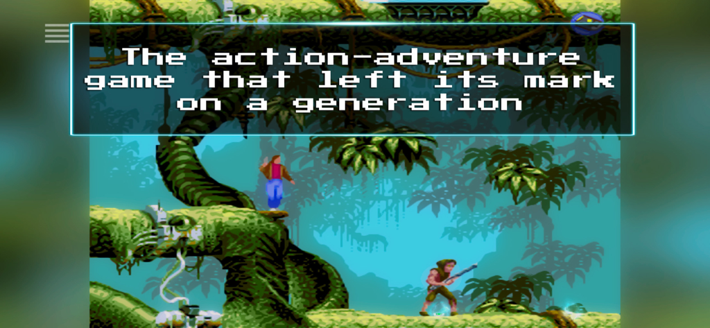 Flashback Mobile - A cinematic screenshot of Flashback Mobile showing the protagonist navigating a detailed pixel-art jungle environment.