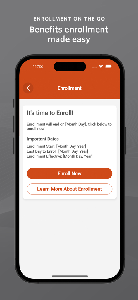 bswift Mobile app interface showing the benefits enrollment screen with an Enroll Now button