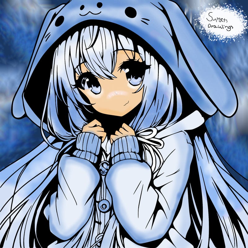 anime character girl with long hair cute bunny hoodie