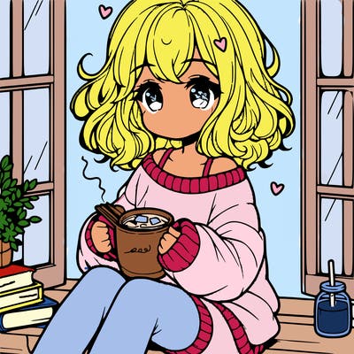 cute anime girl reading book and drinking hot chocolate from mug with loose wavy hair wearing a baggy sweatshirt and shorts sitting by windowsill looking out