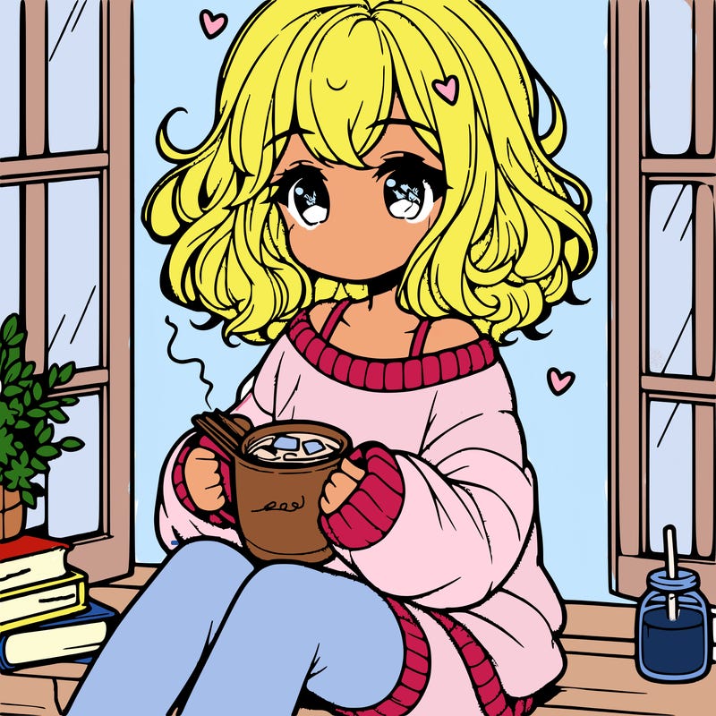 cute anime girl reading book and drinking hot chocolate from mug with loose wavy hair wearing a baggy sweatshirt and shorts sitting by windowsill looking out