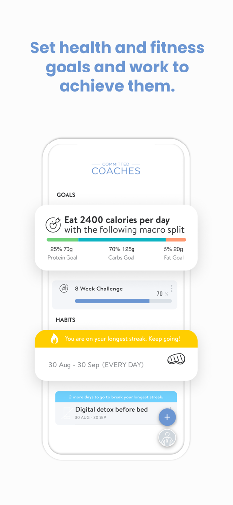 Committed Coaches - Committed Coaches app interface showing personalized nutrition goals macro splits and habit tracking streaks