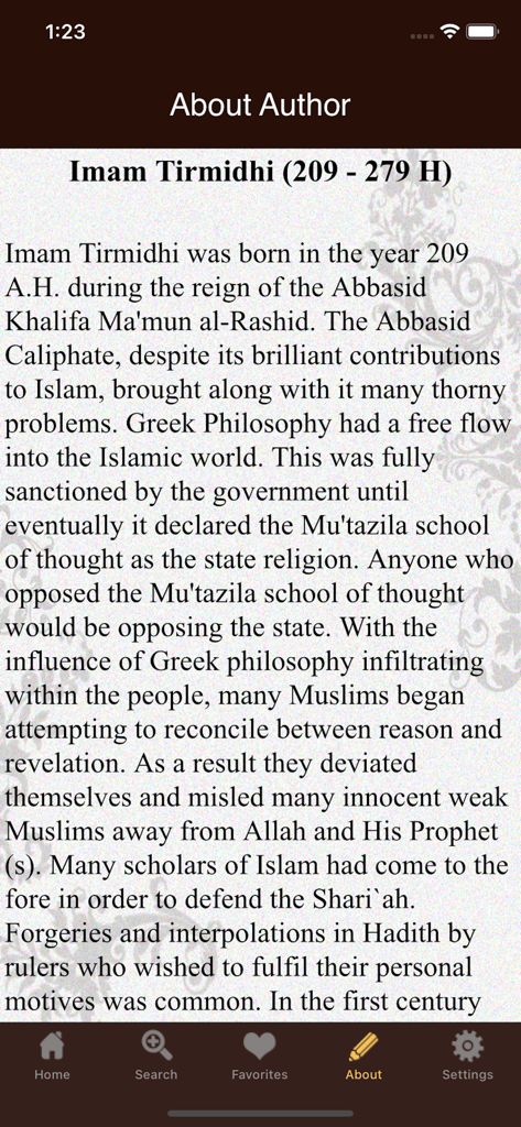 Tirmidhi - Captura de pantalla de la página Acerca del autor en la aplicación Tirmidhi que presenta una biografía del Imam Tirmidhi