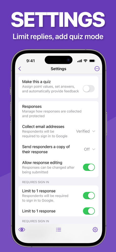 Der Einstellungsbildschirm der Forms-App mit Quizmodus und Optionen zur Antwortverwaltung auf einem iPhone.