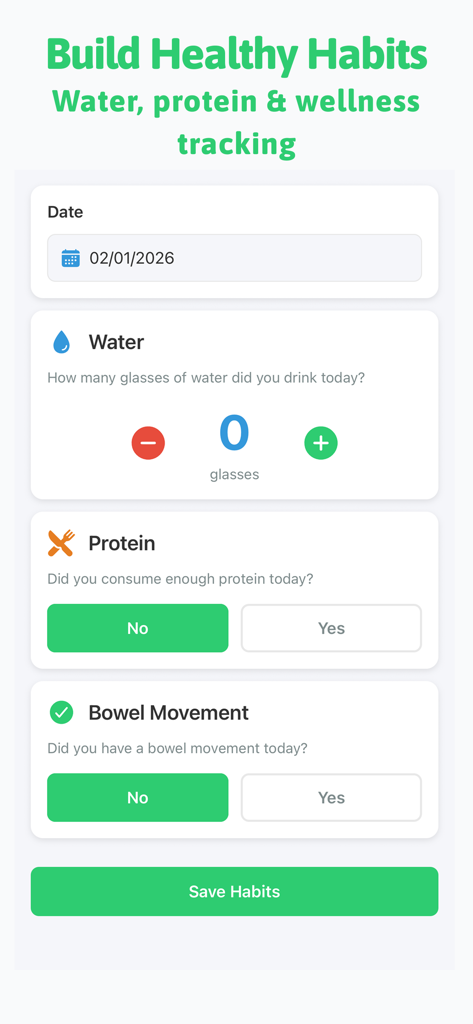 Mounjaro Care - GLP-1 Tracker - Tela de rastreamento de hábitos diários para água, proteína e bem-estar no aplicativo Mounjaro Care