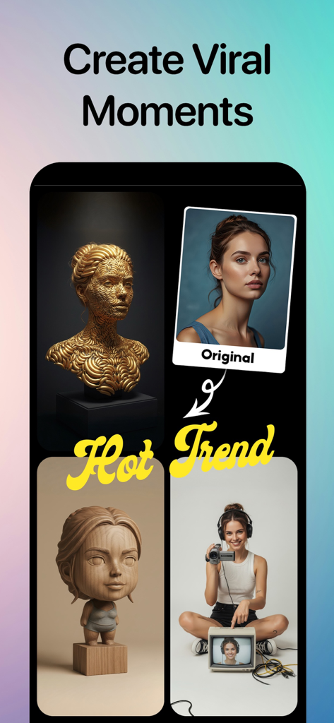 NoX Effect: AI Video Generator - App interface demonstrating AI transformations from a portrait to creative artistic styles.