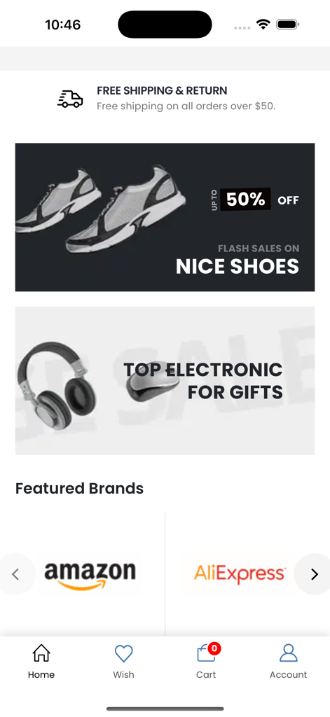 Pantalla de inicio de la aplicación móvil FastDrop que muestra ofertas flash en zapatos y electrónica con las marcas destacadas Amazon y AliExpress.