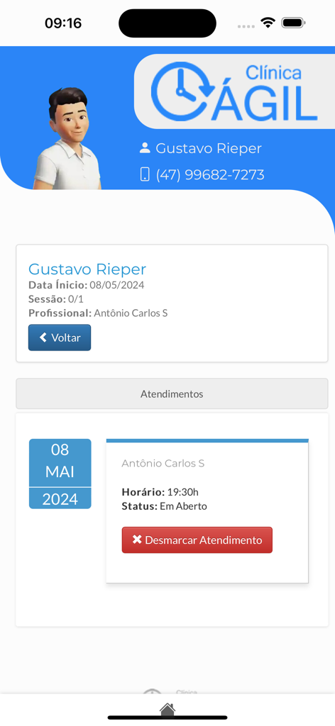 Clínica Ágil para pacientes - Pantalla de la aplicación móvil que muestra los detalles de la cita del paciente, incluido el nombre del profesional y el botón de cancelación.