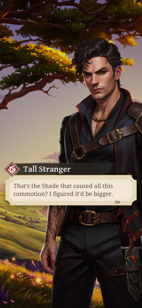 A handsome dark haired male character named Tall Stranger speaking in the Love and Magic Spellfyre game.