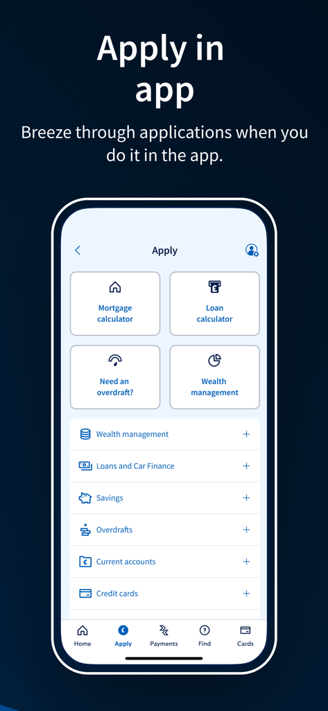 Halifax mobile banking app interface showing options to apply for mortgages, loans, savings, and credit cards.