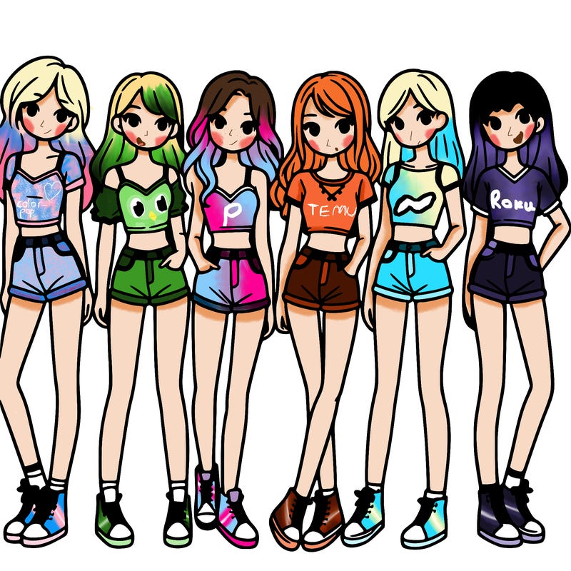 a group of girls wearing crop tops and shorts
