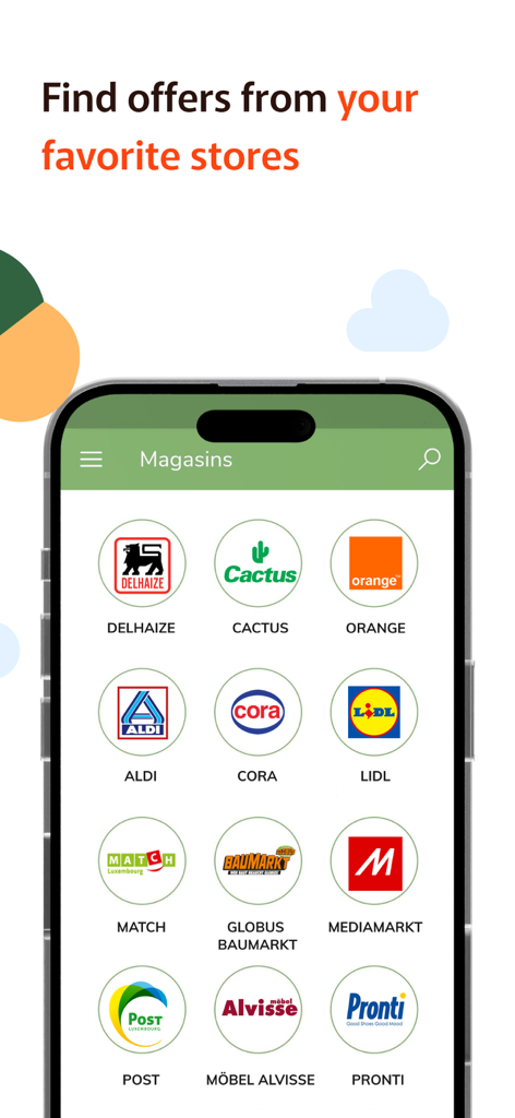Biscuit - Interfaz de la aplicación móvil Biscuit mostrando una variedad de logotipos de tiendas para catálogos digitales y ofertas