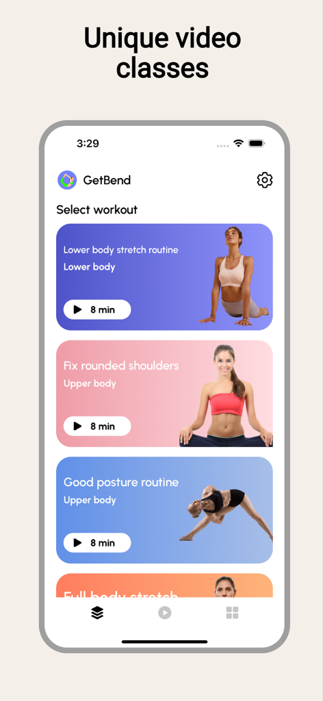Stretch Bend Flexible: GetBend - Una pantalla móvil de la aplicación GetBend que muestra una selección de clases de video de estiramiento para la parte inferior del cuerpo y la mejora de la postura