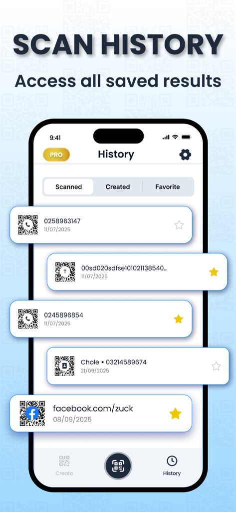 Interface d'une application mobile affichant une liste de codes QR et de codes-barres scannés avec les dates et les favoris
