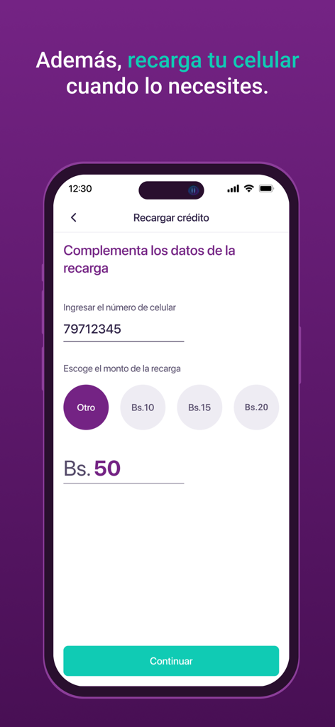 Yape Bolivia - Interface do app móvel Yape Bolívia mostrando a tela para recarga de crédito de celular