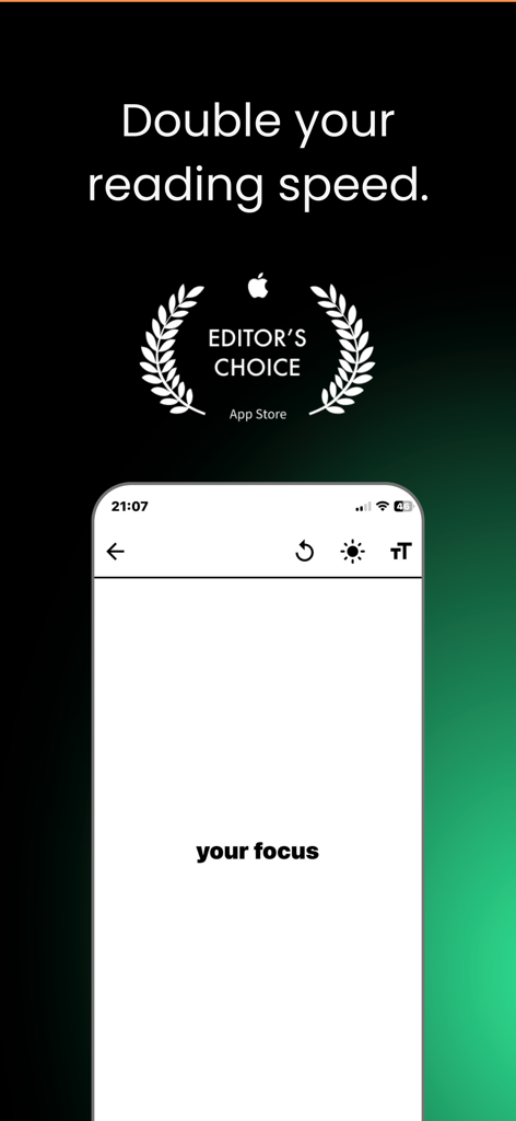 ReadUp: Speed Reading Practice - ReadUp 앱 디스플레이에 '독서 속도 2배' 텍스트와 App Store 에디터스 초이스 배지가 표시됨