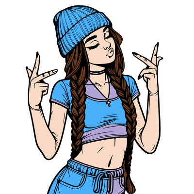 realistic teenage girl with braids and a beanie and crop top doing 🫶🏼