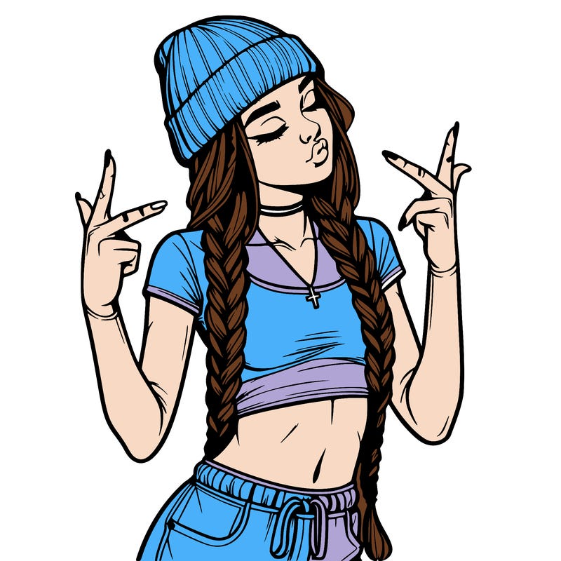 realistic teenage girl with braids and a beanie and crop top doing 🫶🏼