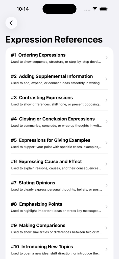 A list of expression categories in the TOPIK app, including ordering, contrasting, and stating opinions for Korean language learning.