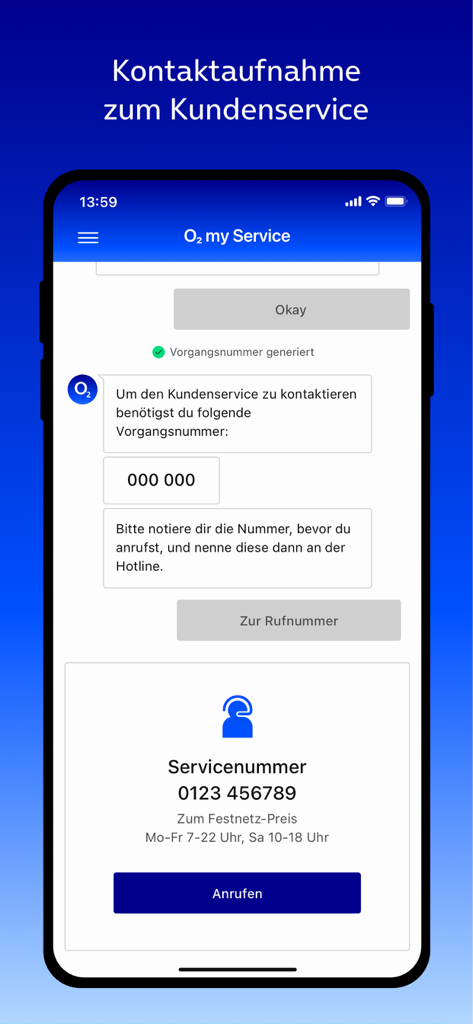 Interface do aplicativo o2 my Service mostrando informações de contato do suporte ao cliente com um número de processo gerado e um botão de chamada.